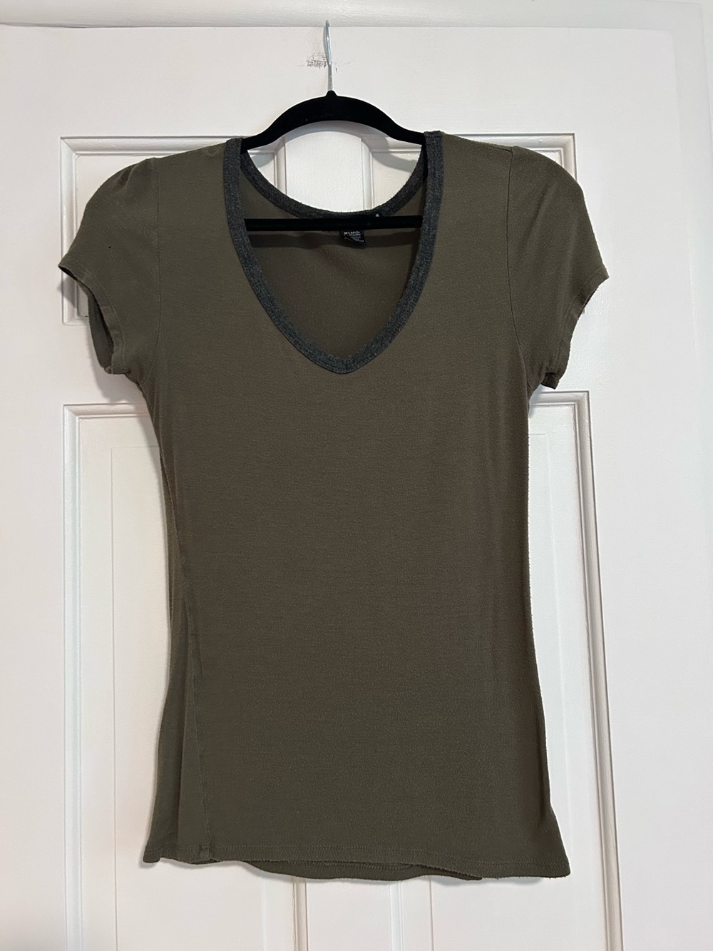 American Dream Olive Green Short Sleeve V-Neck Top with Dark Trim